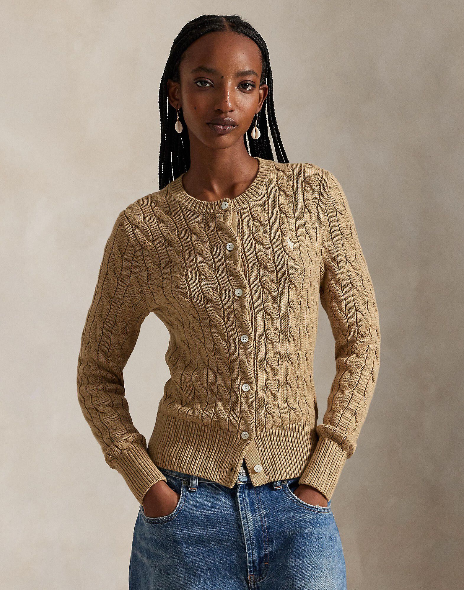 Cable-Knit Cotton Crewneck Cardigan