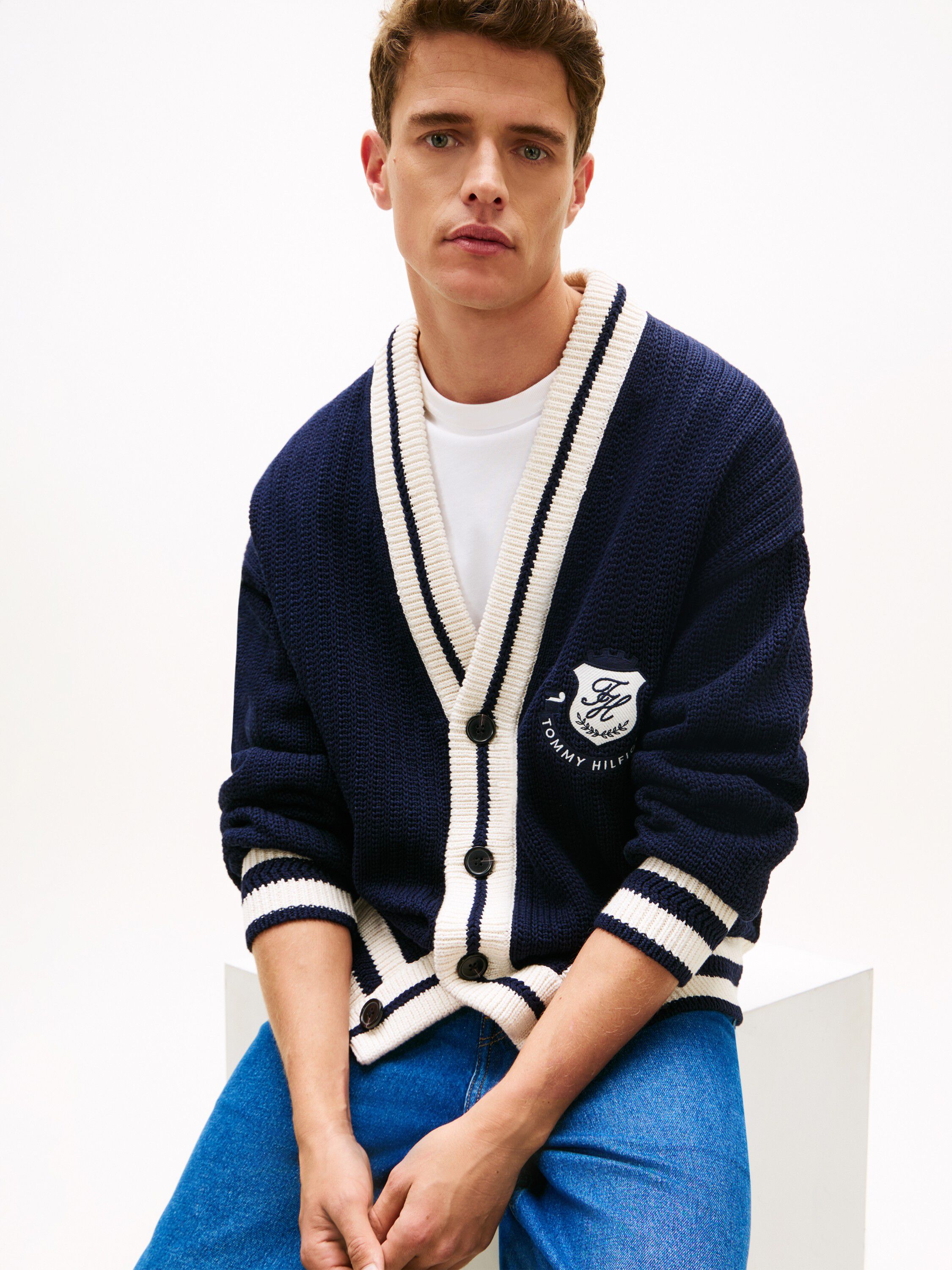 Crest Appliqu&eacute; Athleisure V-Neck Cardigan