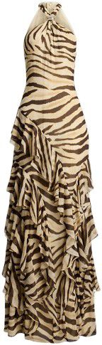 Zebra-Print Ruffle-Trim Georgette Gown