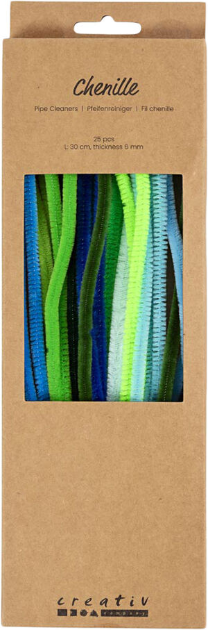 Chenille, L: 30 cm, tykkelse 6 mm, grøn/turkis harmoni, 25st