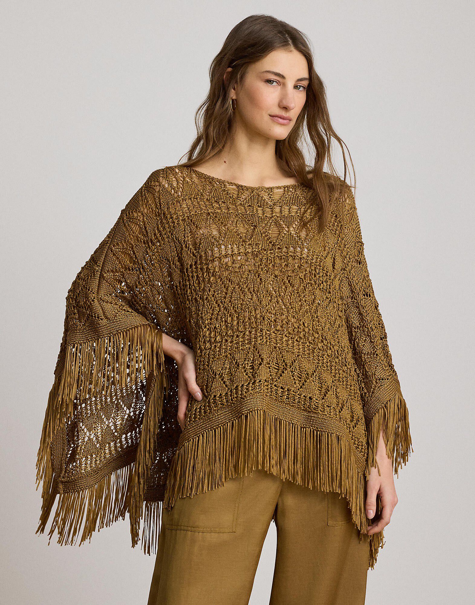Fringe-Trim Pointelle Sweater Poncho