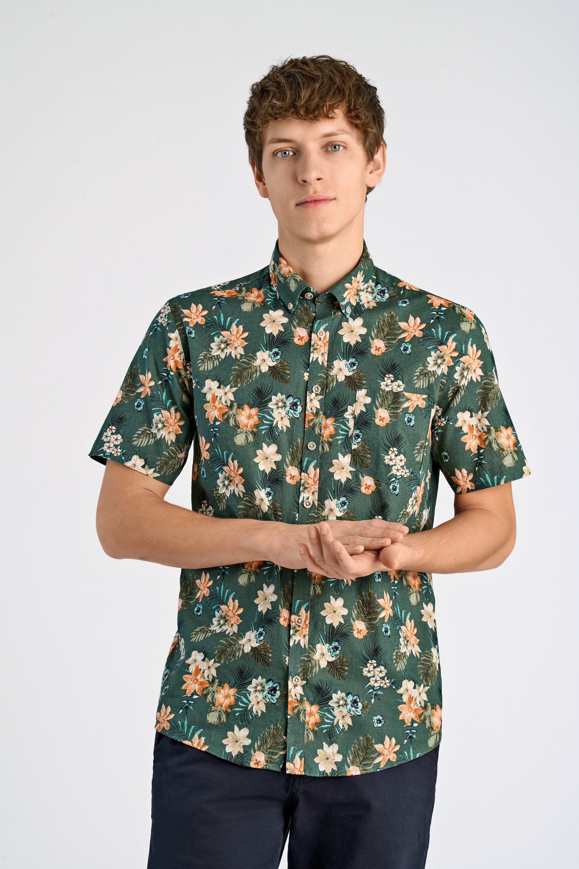 Printed cotton/linen shirt S/S
