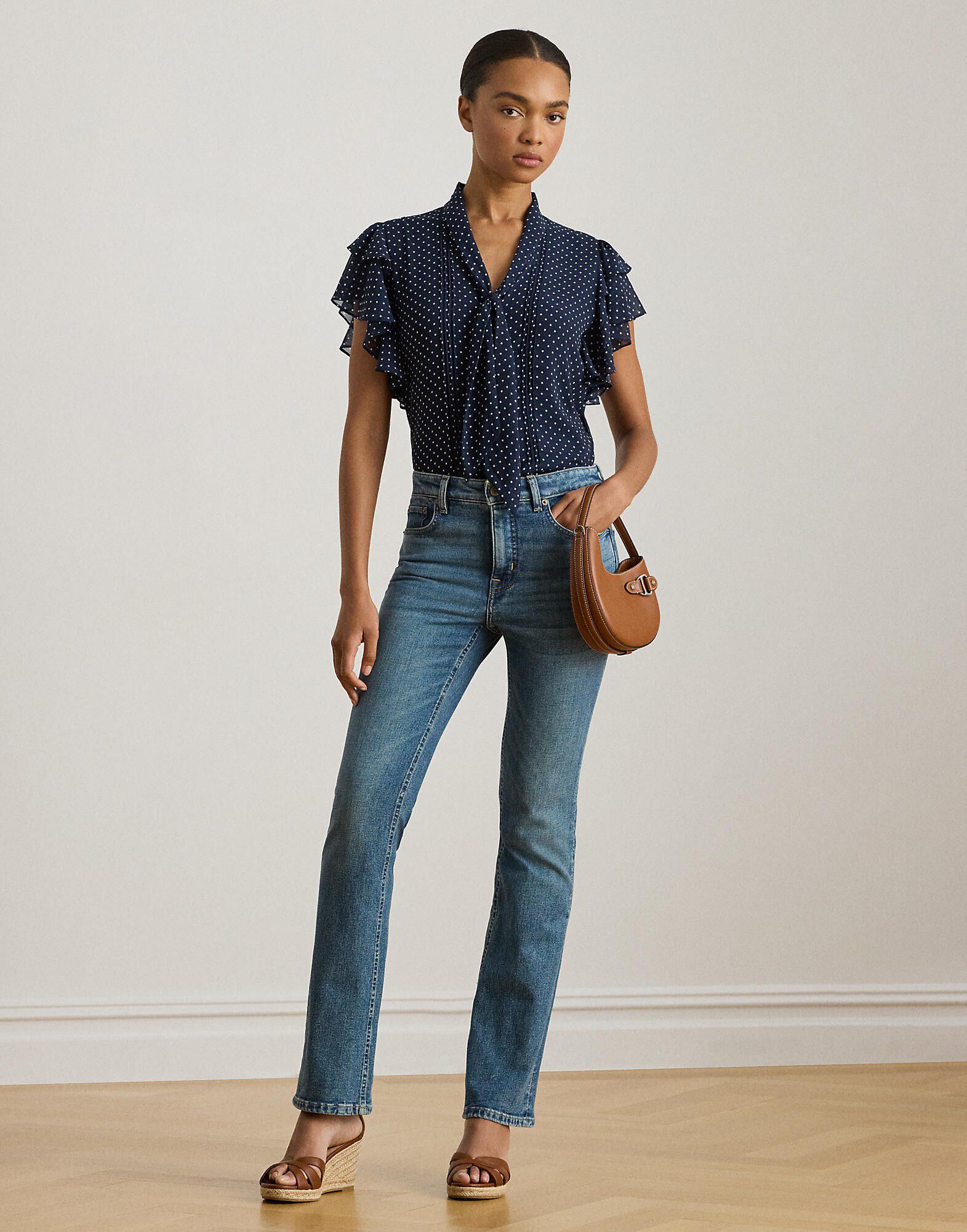 Polka-Dot Georgette Tie-Neck Blouse