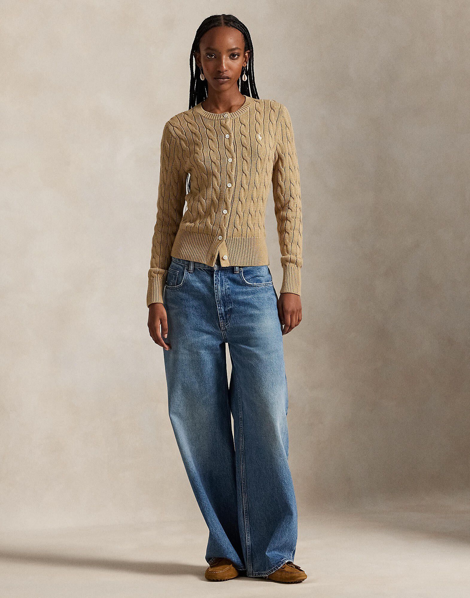 Cable-Knit Cotton Crewneck Cardigan