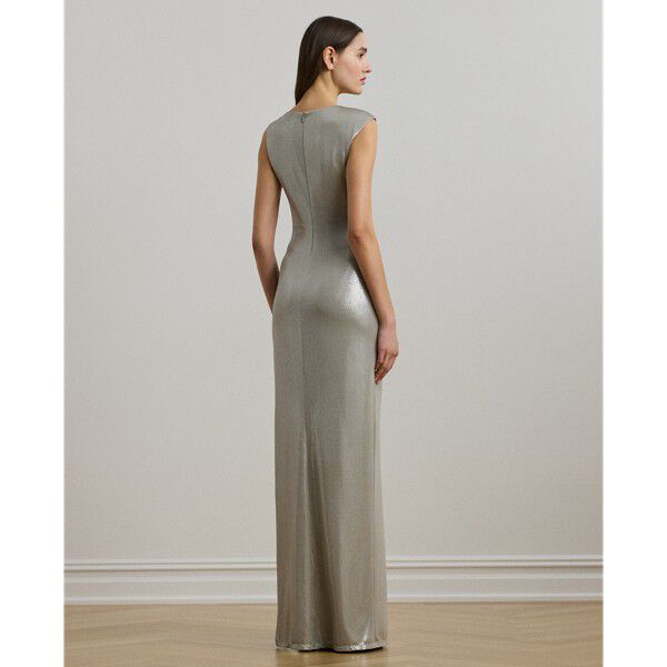Buckle-Trim Metallic Sleeveless Gown