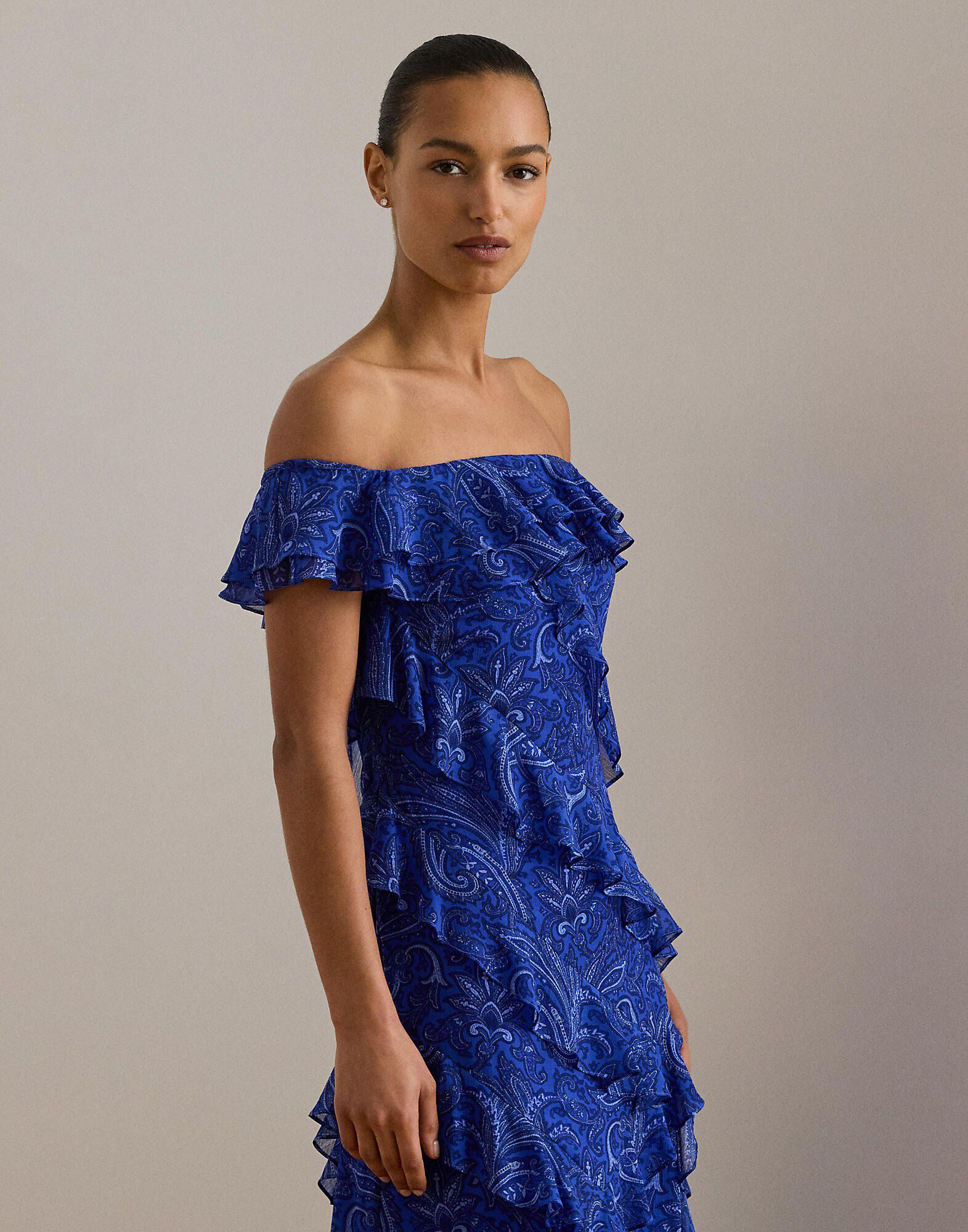 Print Ruffle-Trim Off-the-Shoulder Gown
