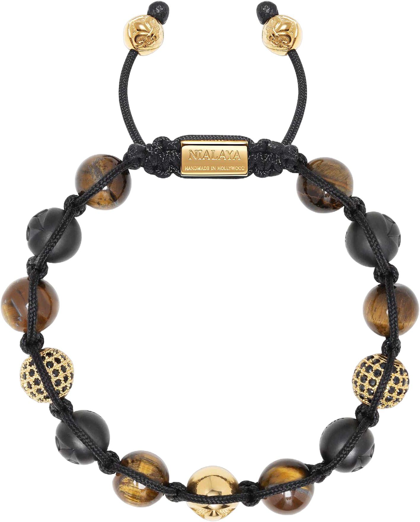 Men's Beaded Bracelet with Matte Black Ceramic Beads, Tiger Eye, Gold