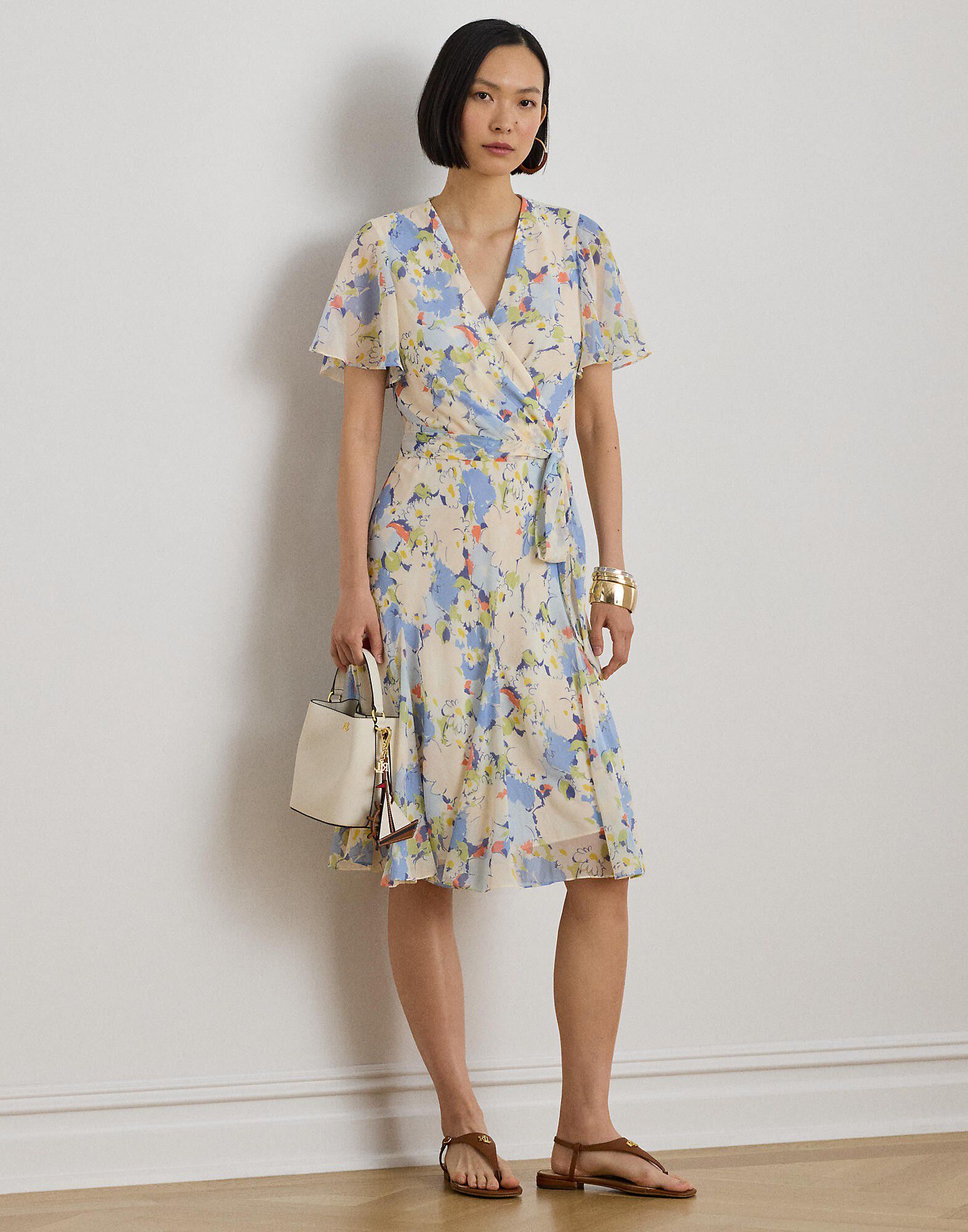 Floral Crinkle Georgette Surplice Dress