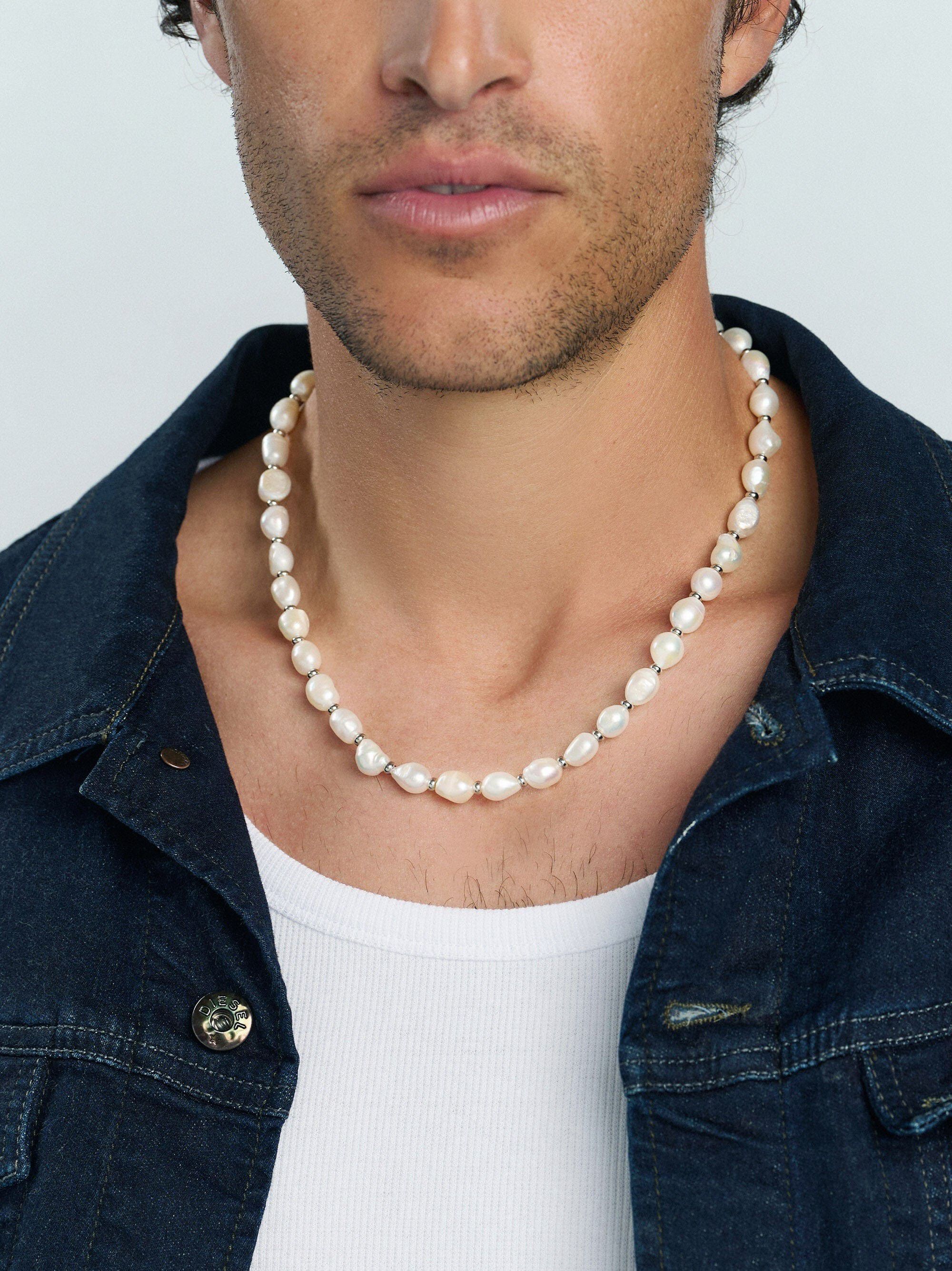 Men's Baroque Pearl Necklace with Silver