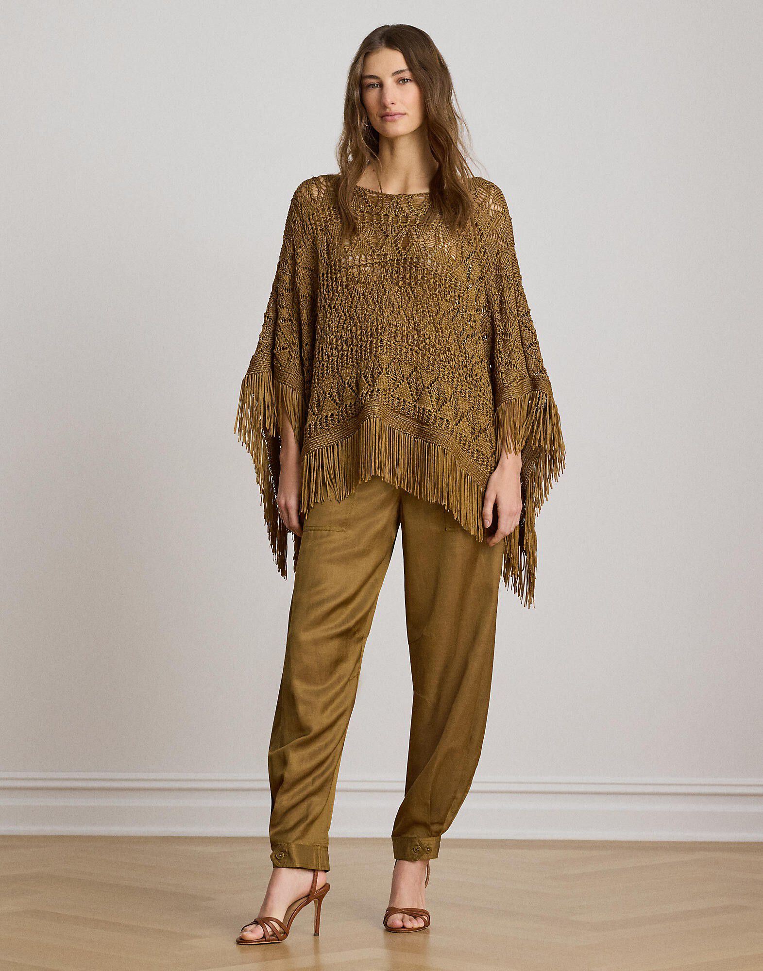 Fringe-Trim Pointelle Sweater Poncho