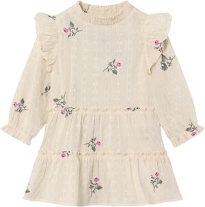 DOBBY LS ROSE EMBR DRESS