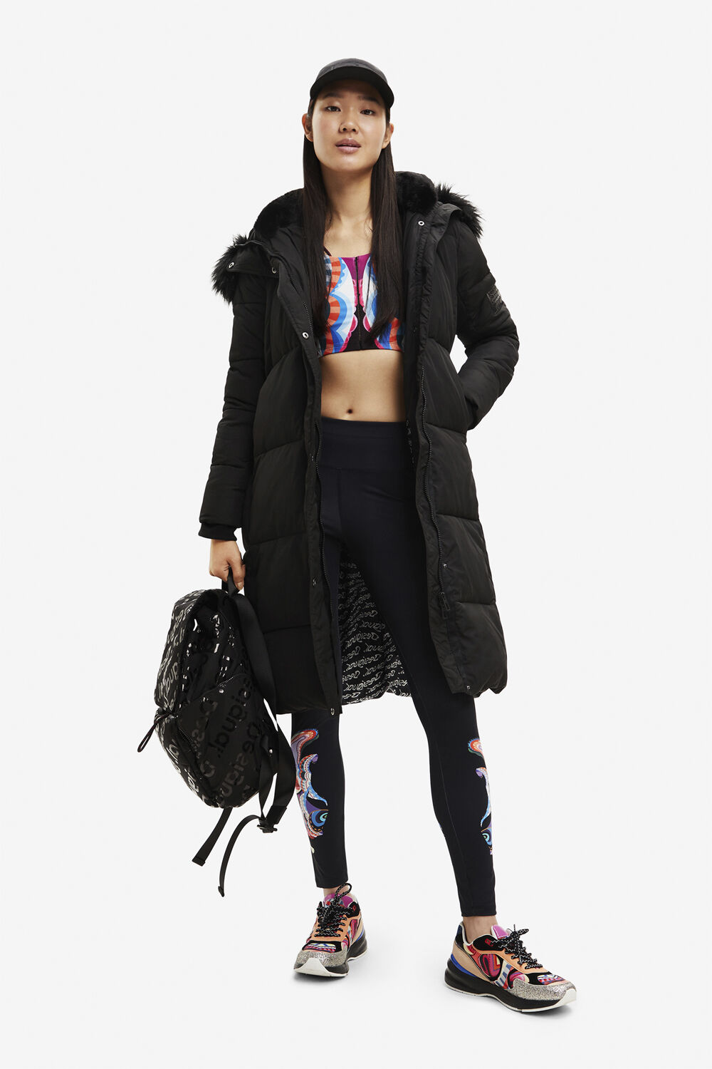 White quilted coat with fur-effect hood