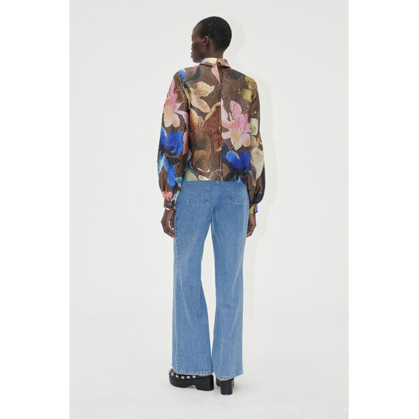 2067 Flat Textured Poly, Gathered Ruffle Long Sleeve Top