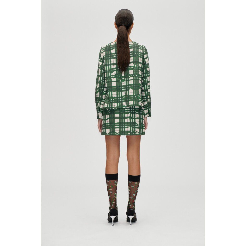 2429 Checkered Cady, Long Sleeve Gathered Ruffle Top