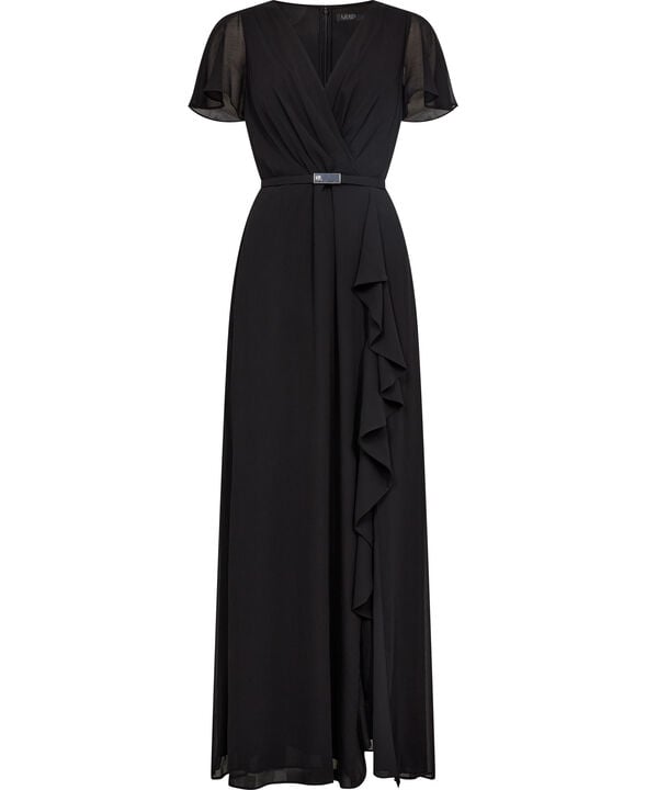 Belted Georgette Flutter-Sleeve Gown