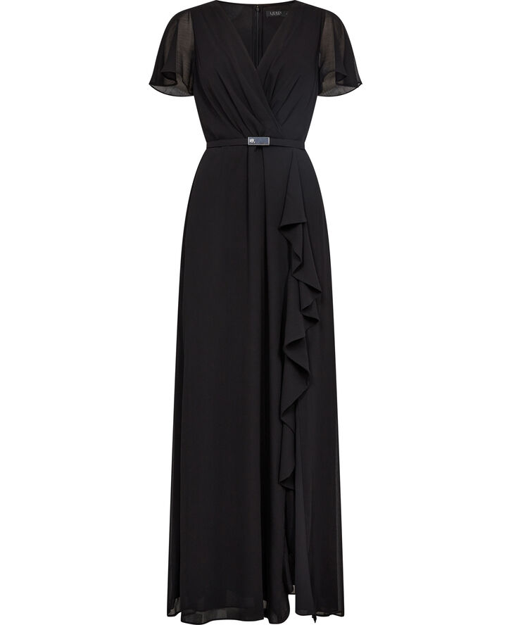 Belted Georgette Flutter-Sleeve Gown