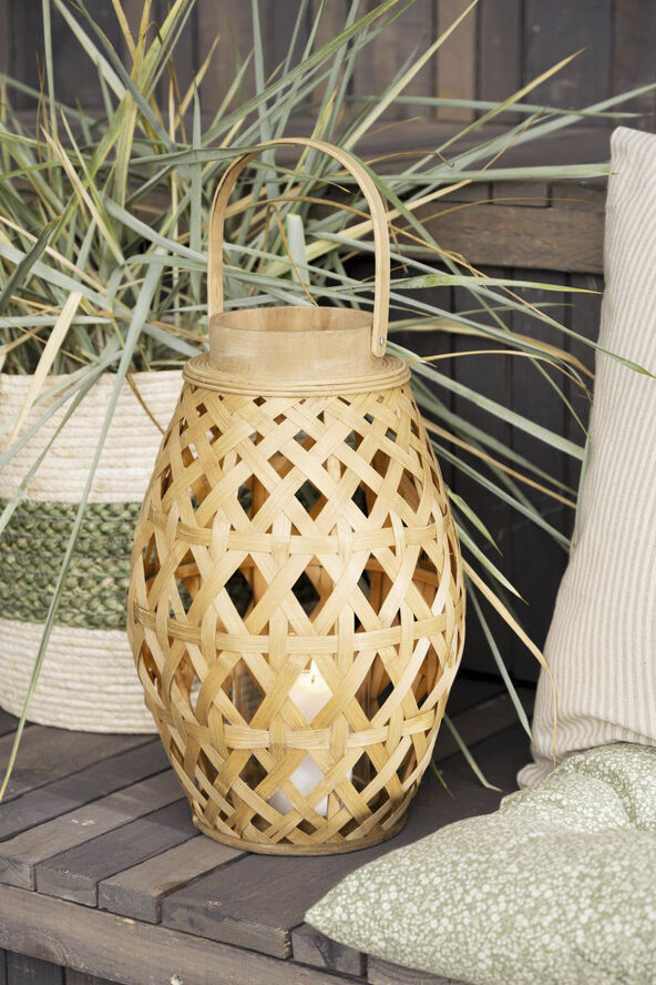 Lygte m/glasindsats og hank krydsflettet bambus