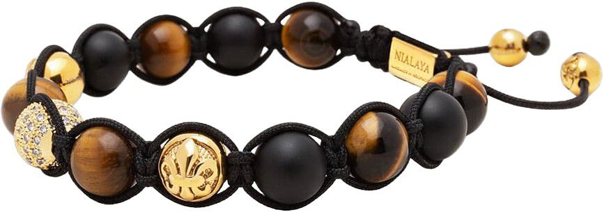 Men's Beaded Bracelet with Gold, CZ Diamond, Matte Onyx, and Brown Tig