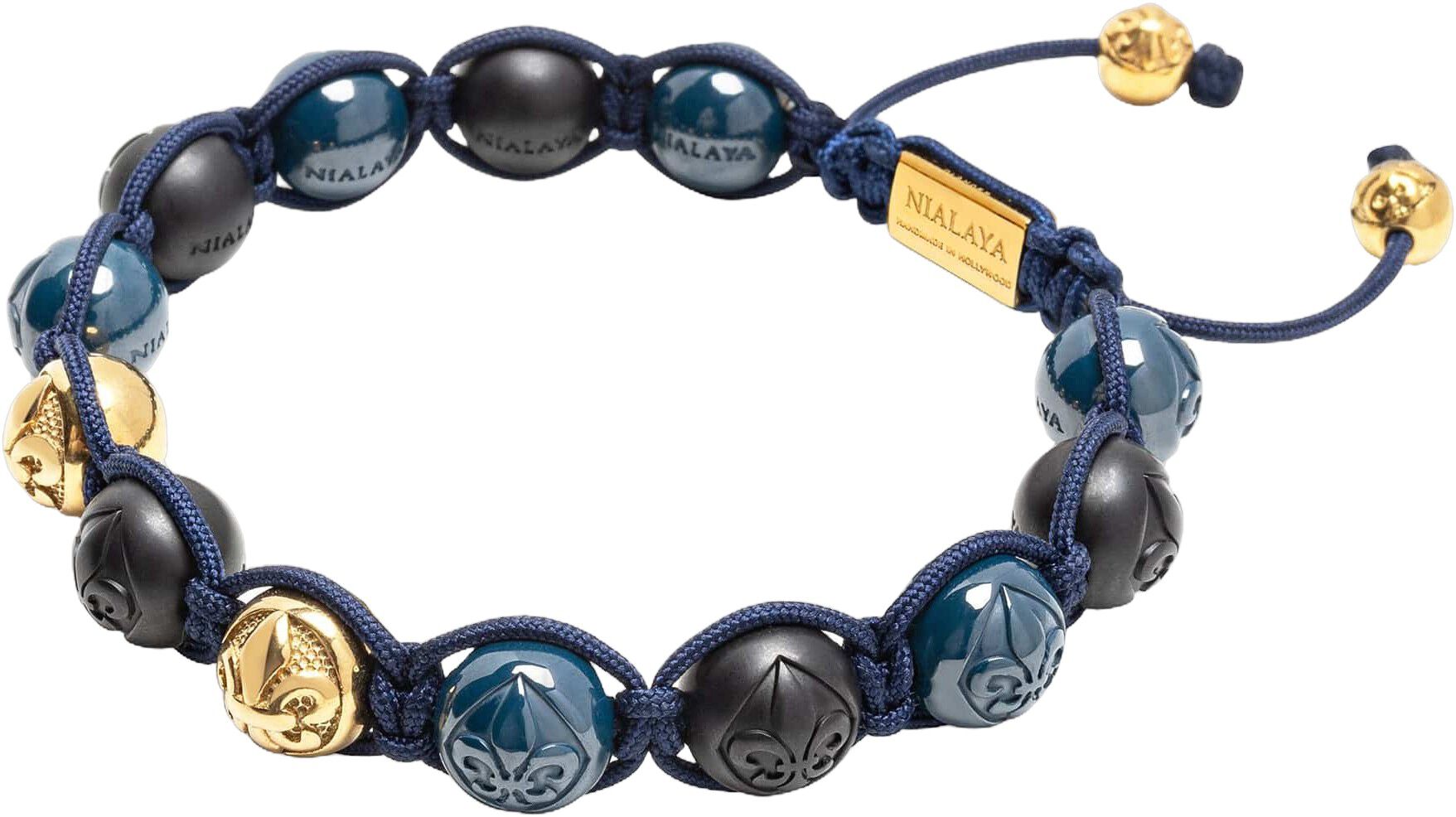 Men's Beaded Bracelet with Matte Black, Glossy Blue Ceramic & Gold Bea