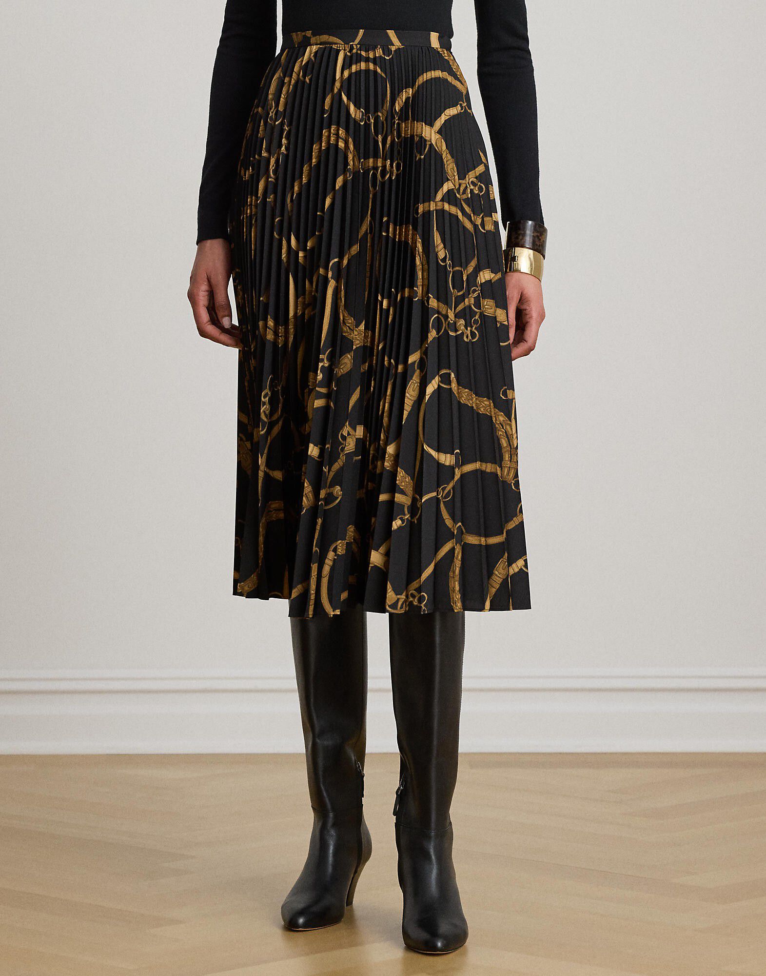 Belting-Print Pleated Crepe Skirt