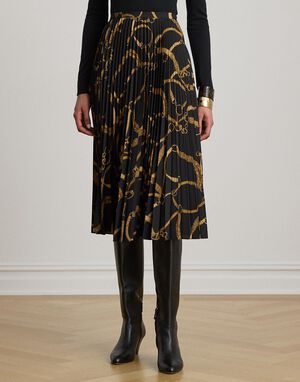 Belting-Print Pleated Crepe Skirt