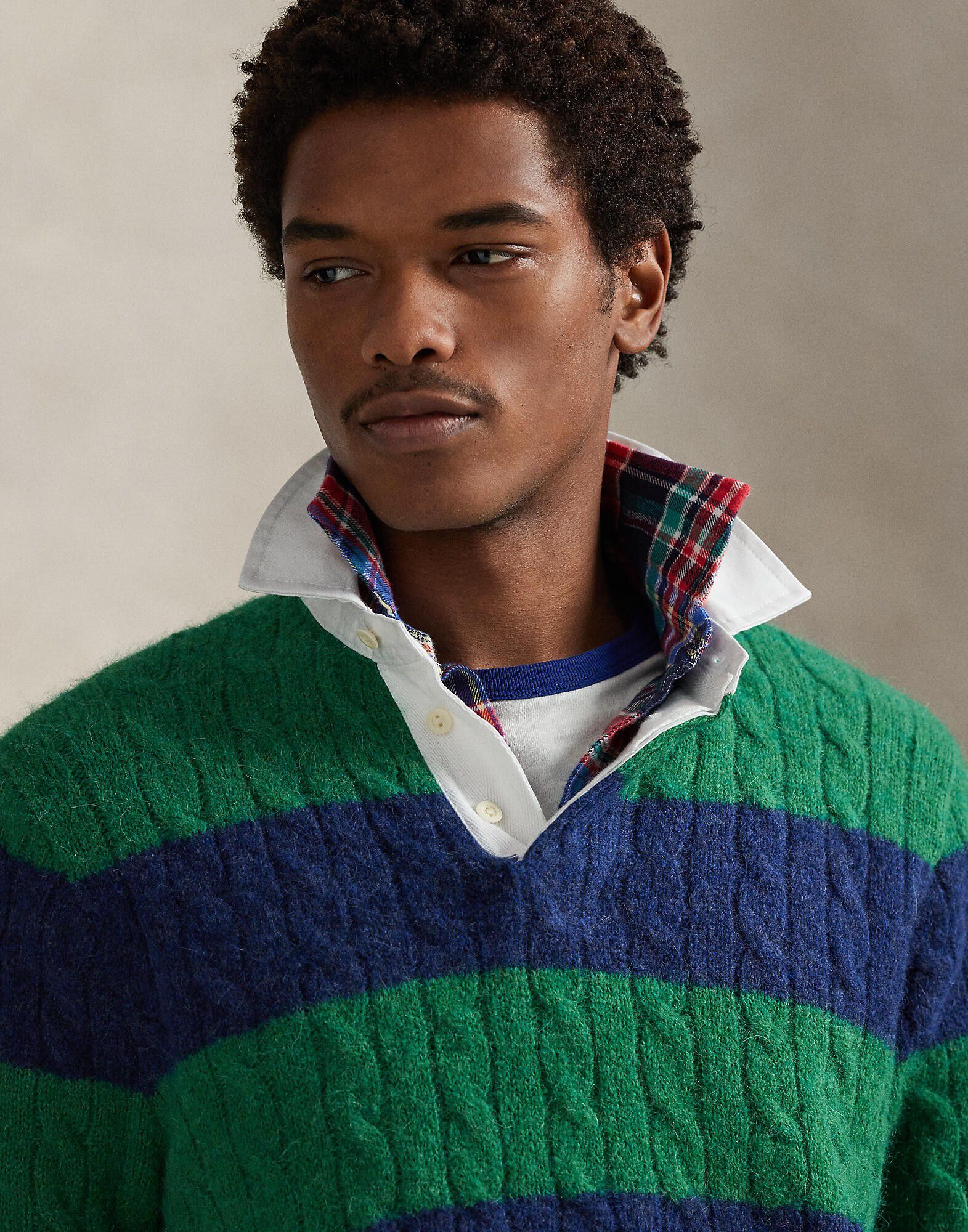 Striped Cable-Knit Rugby Sweater