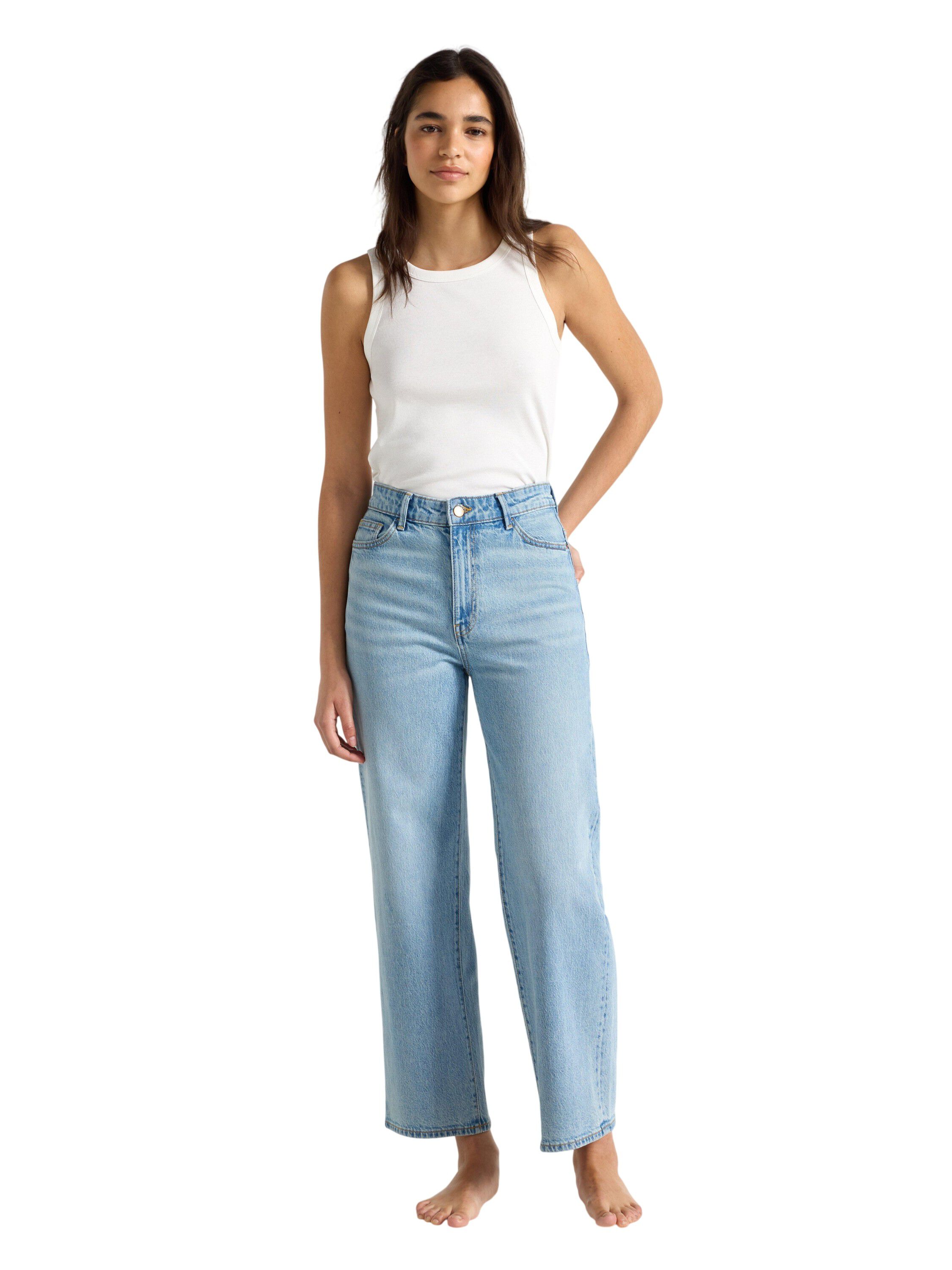 H&oslash;jtaljede jeans i bomuldsdenim med