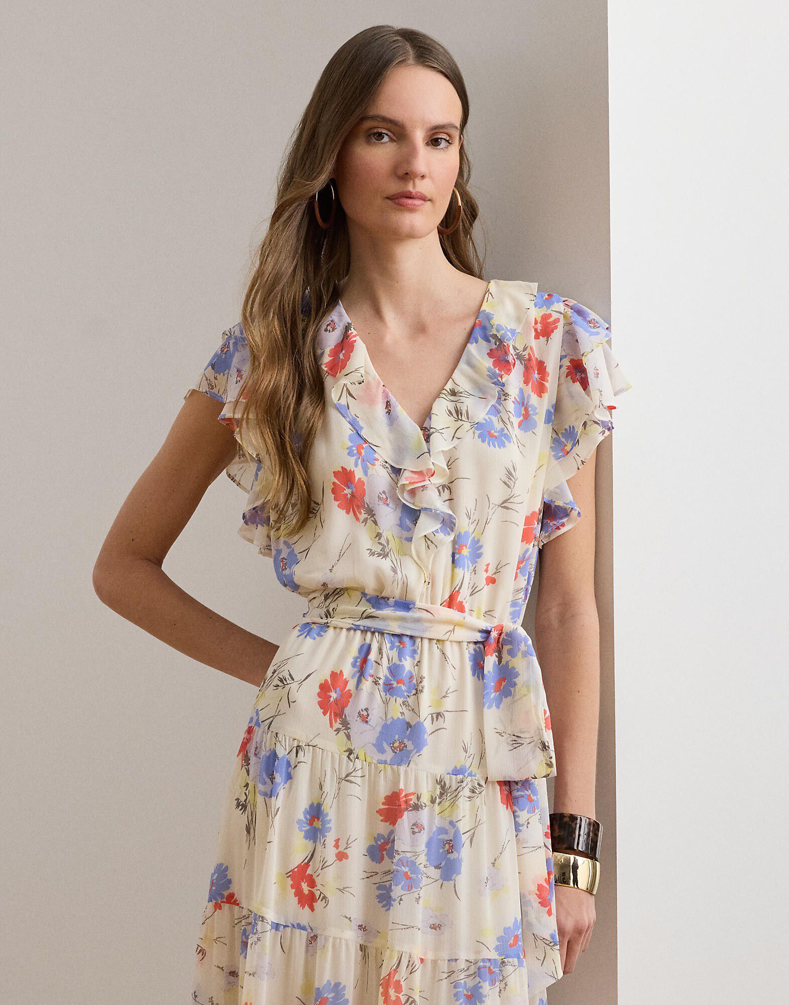 Floral Belted Georgette Tiered Dress