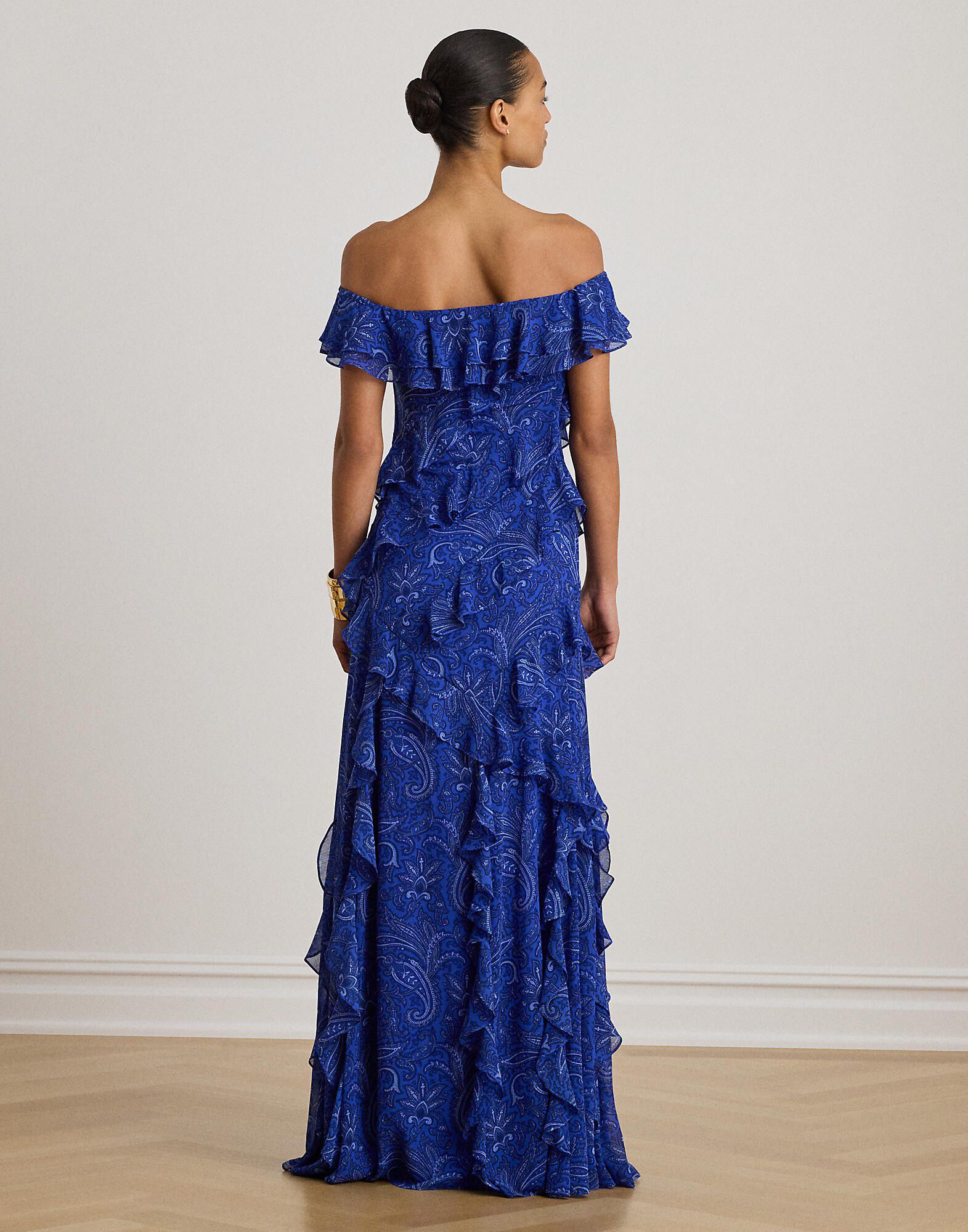 Print Ruffle-Trim Off-the-Shoulder Gown