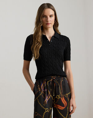 Metallic Cable-Knit Polo Sweater