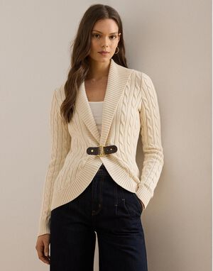 Buckle-Trim Cable Shawl-Collar Cardigan