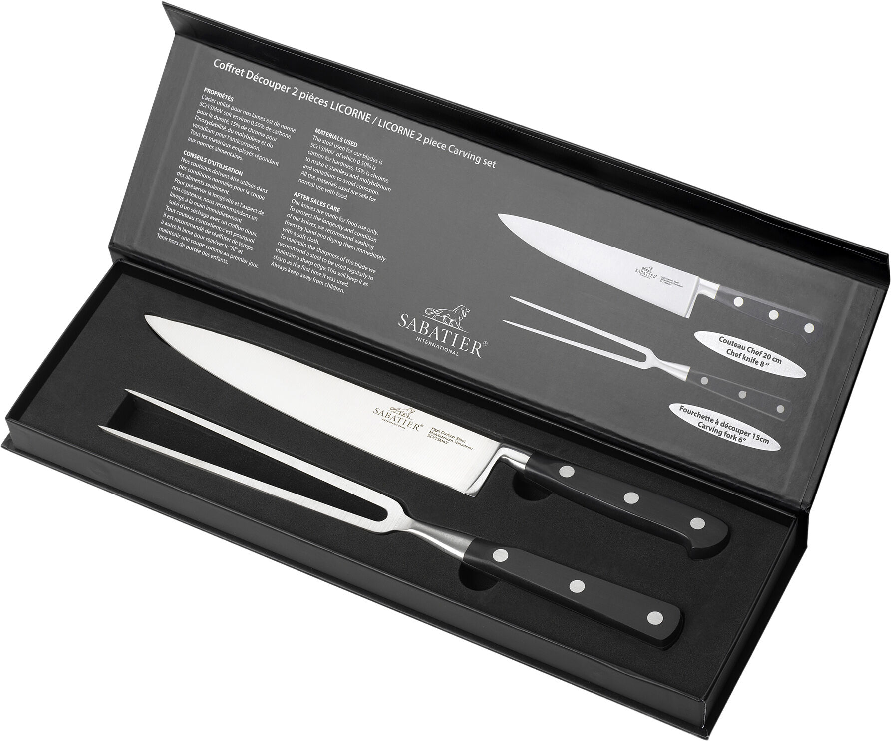 Tranch&eacute;rsett Licorne 2 deler St&aring;l/Svart