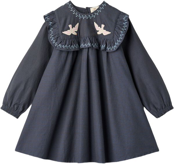 CHECKERED DRESS W. EMB. AND RUFFLE