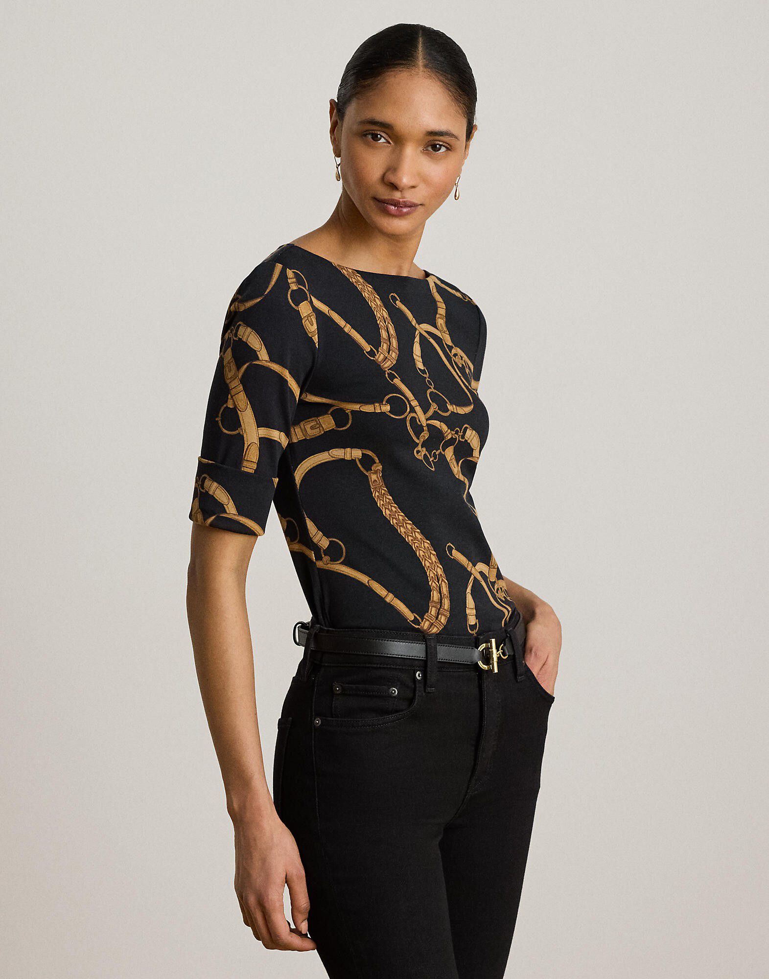 Belting-Print Cotton Boatneck Tee