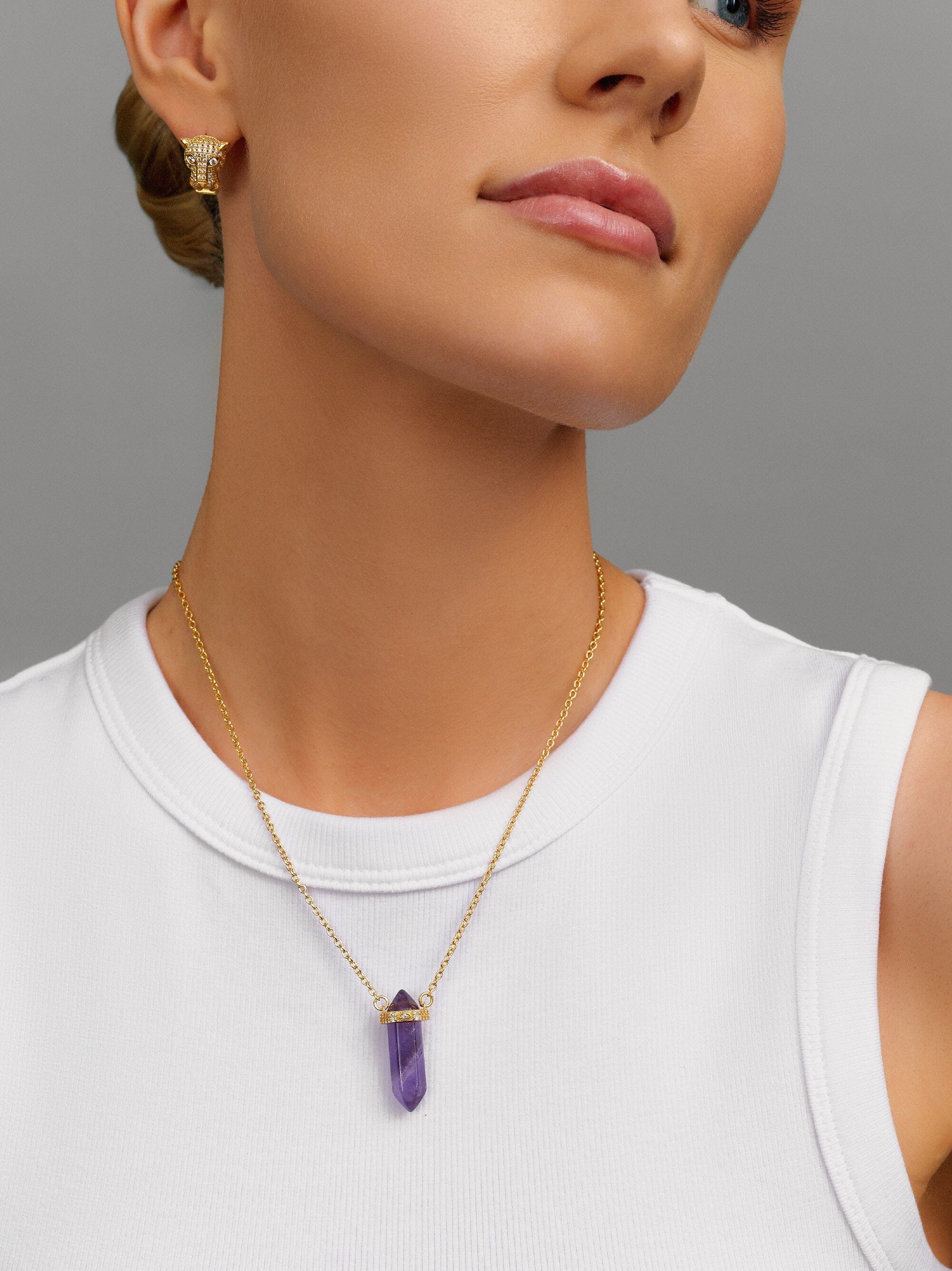 Sterling Silver Amethyst Crystal Necklace with Engraved Evil