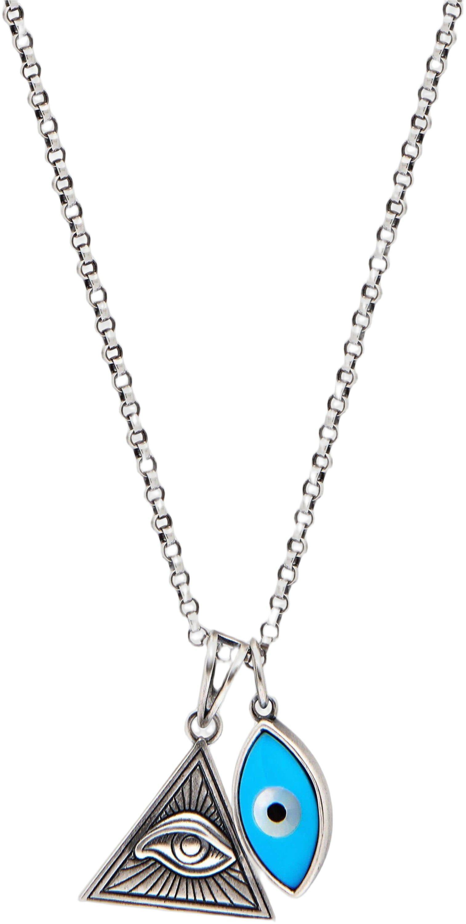 Men's Silver Necklace with Turquoise Evil Eye and Eye of Ra