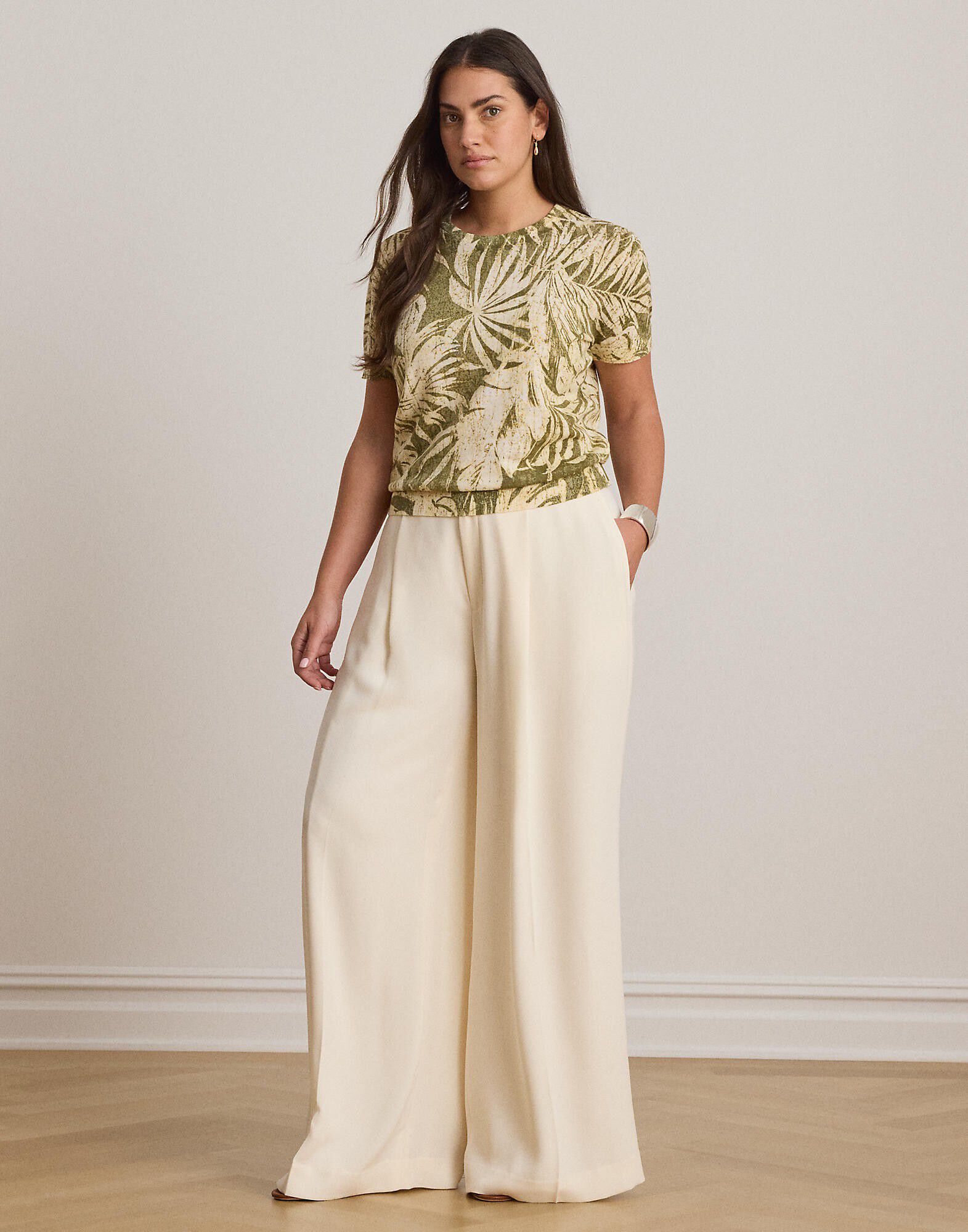 Palm-Frond-Print Short-Sleeve Sweater