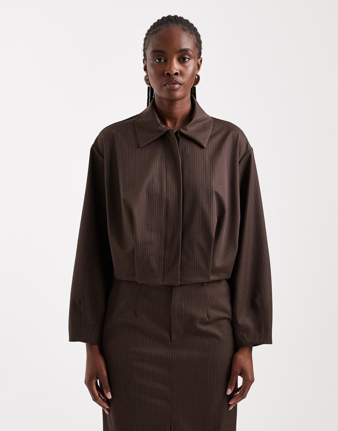 Tsaria Cropped Pinstripe Bomber Jacket