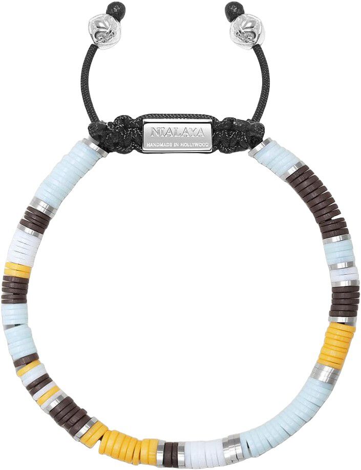 Men's Beaded Bracelet with Blue, Brown, Orange, White, and Silver Disc