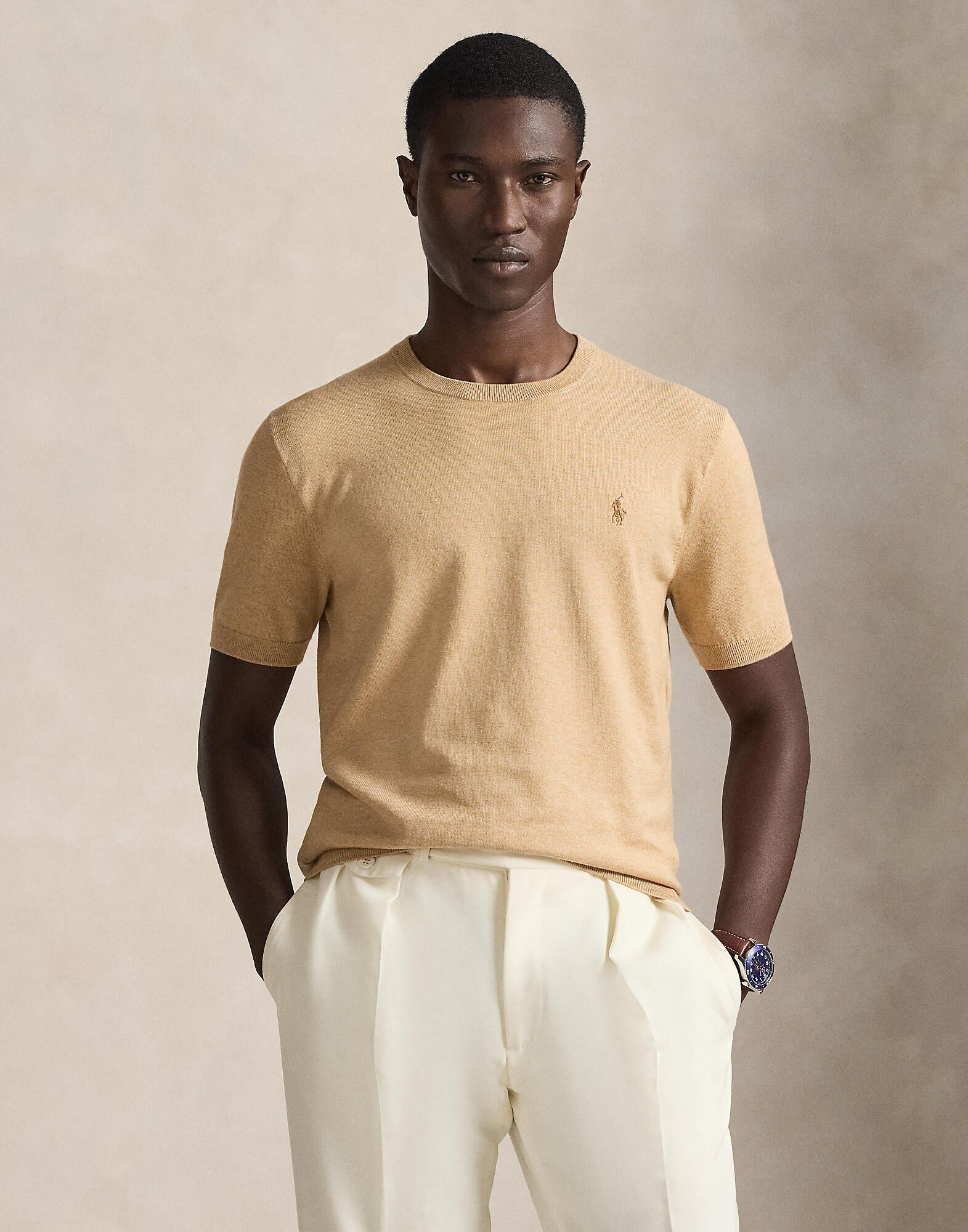 Cotton Crewneck Short-Sleeve Sweater