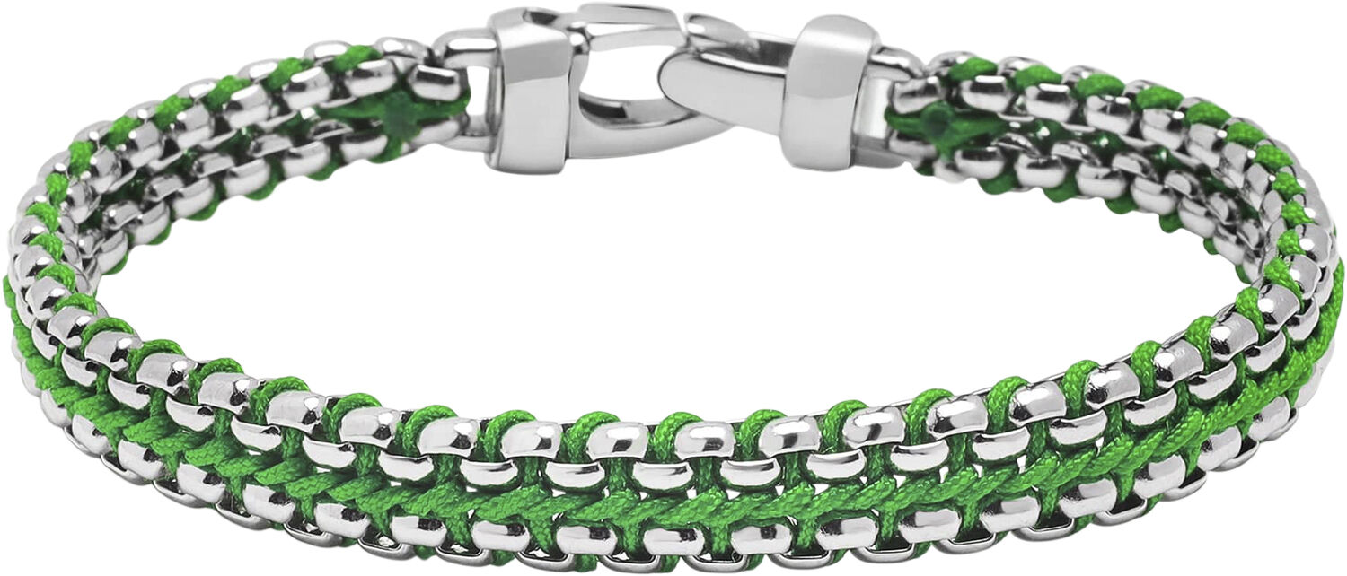 Men's Green Woven 8mm Box Chain Bracelet in Silver