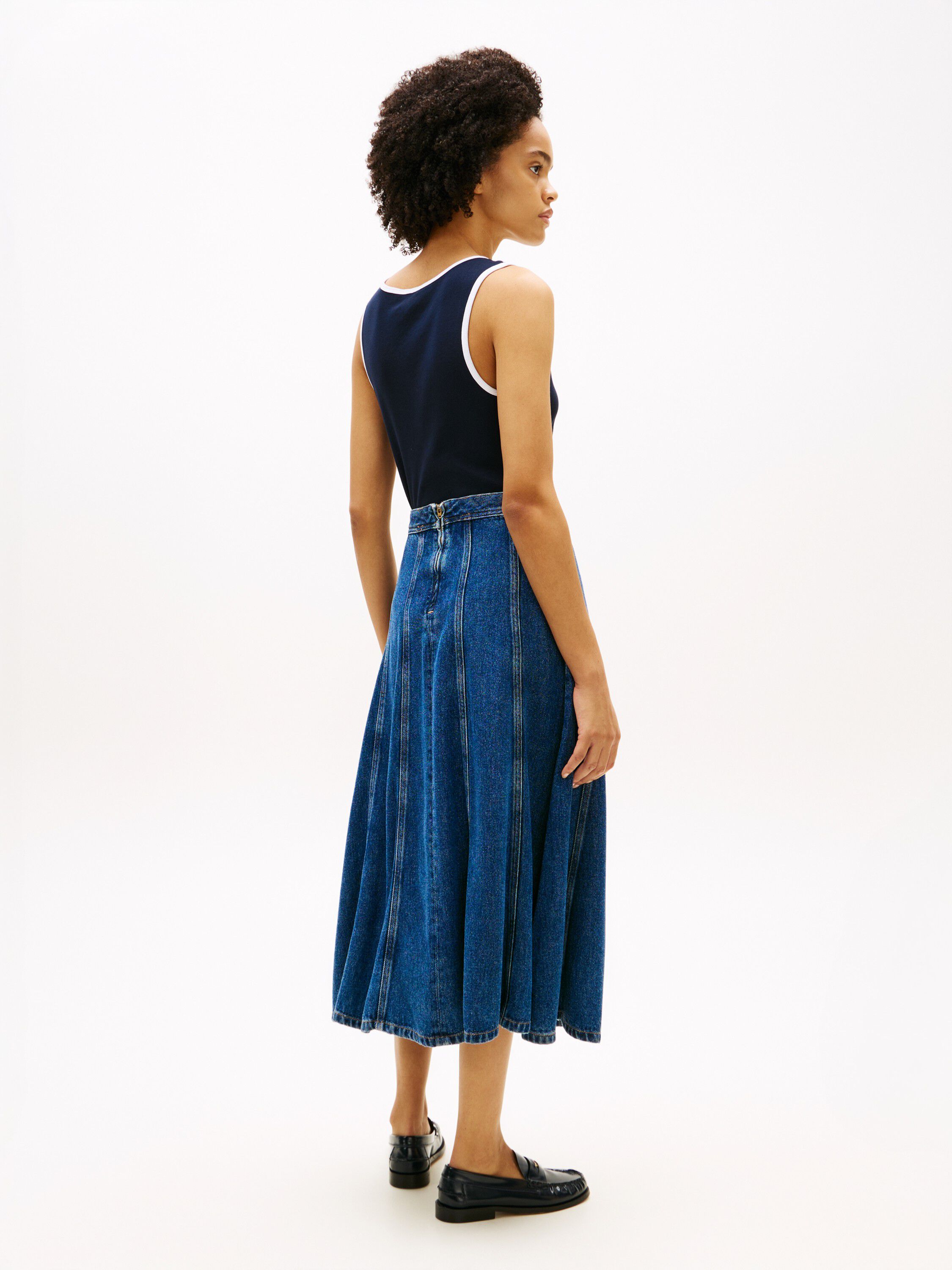 High Waisted Flared Denim Midi Skirt