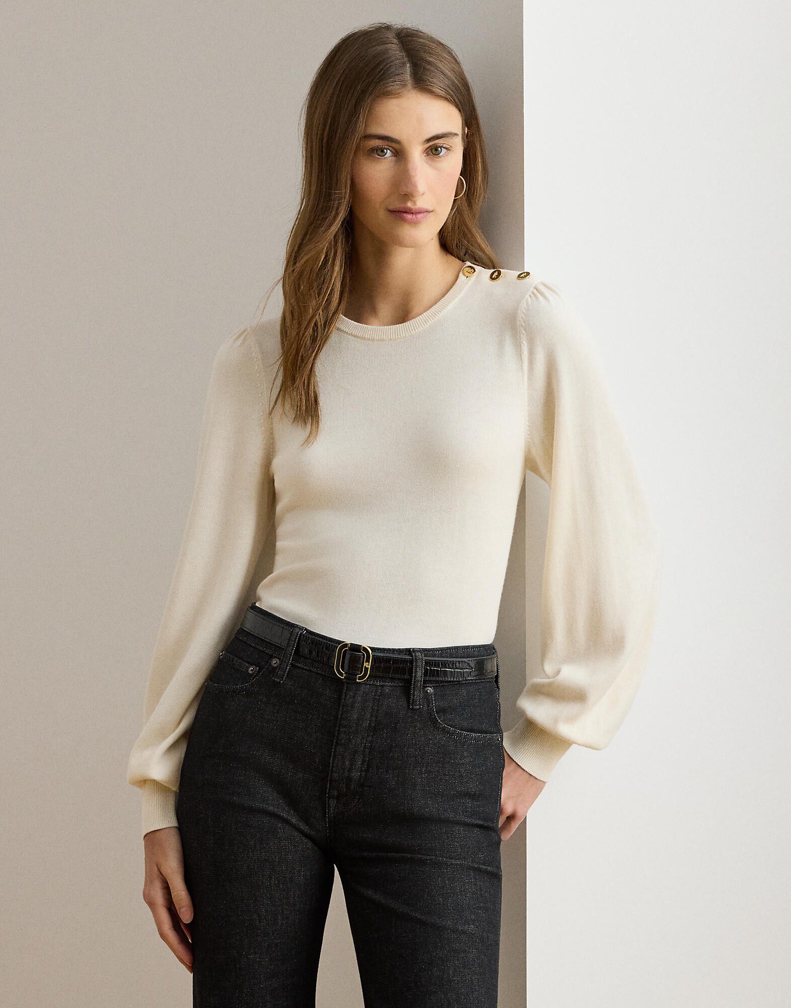 Button-Trim Puff-Sleeve Sweater