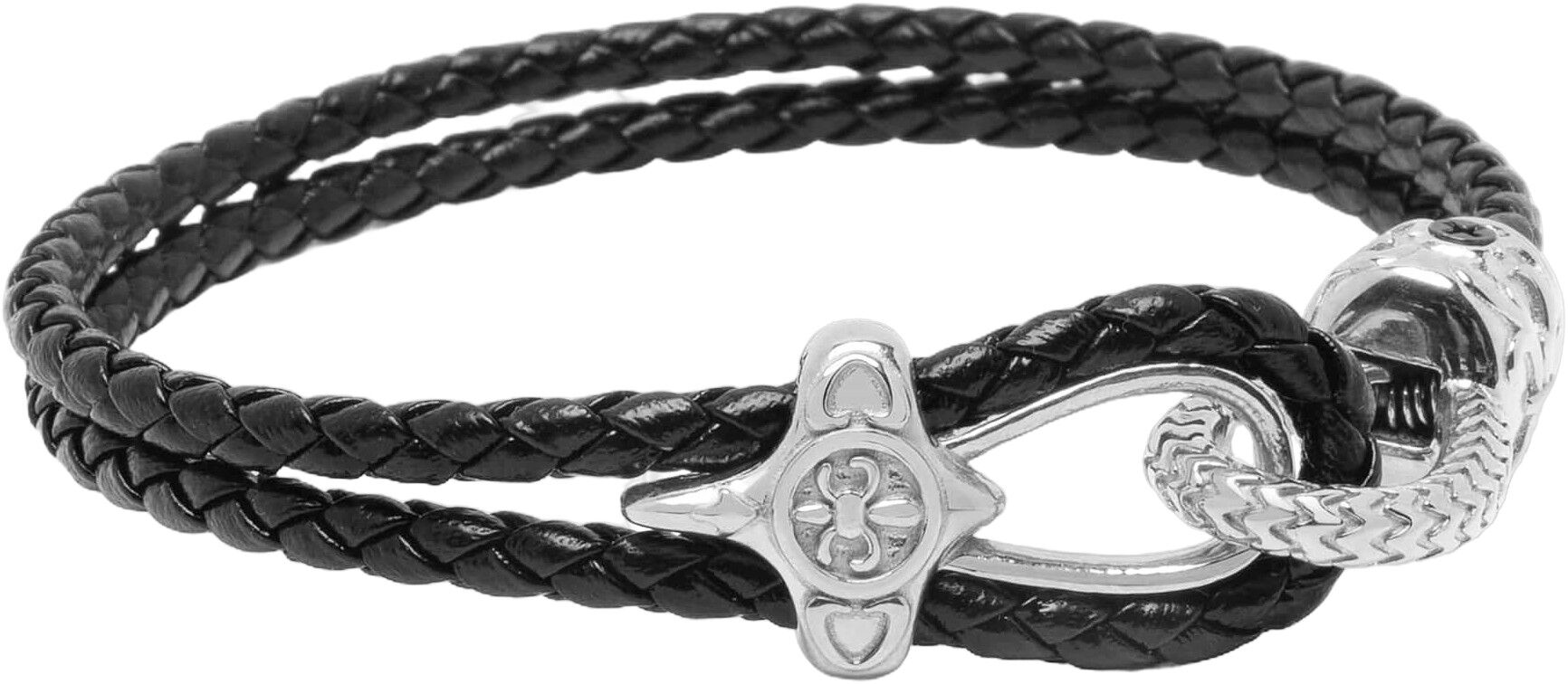 Black Leather Bracelet with Silver Rope Clasp