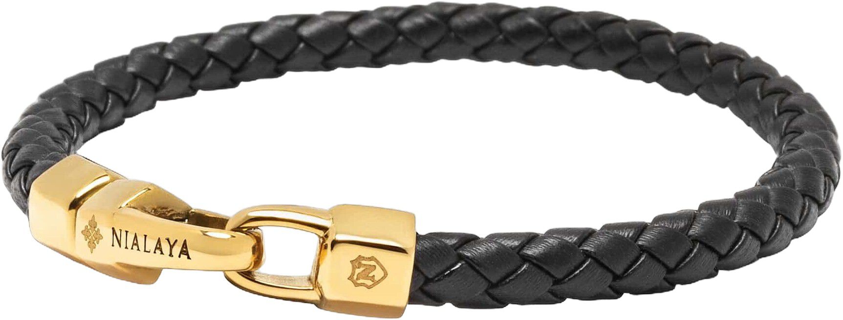 Braided Black Leather Bracelet in Gold
