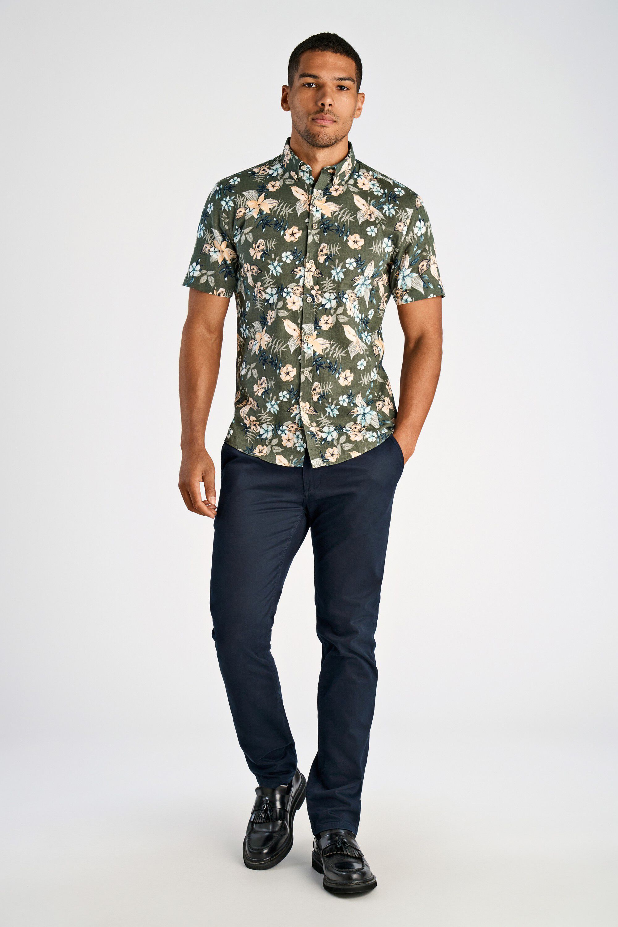 Printed cotton/linen shirt S/S