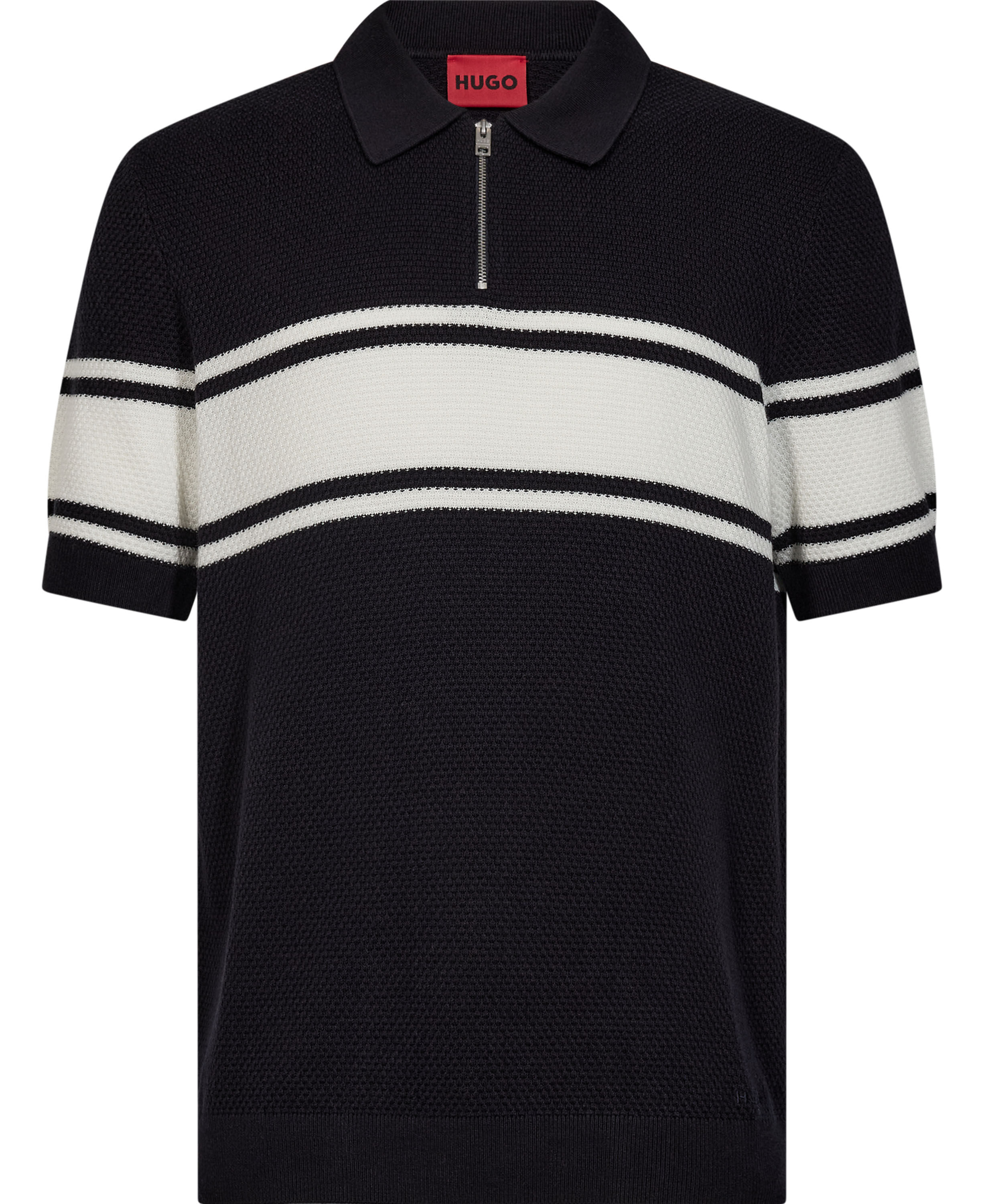 Zip-neck knit polo with block stripes