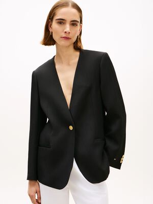 Gold-Tone Button Relaxed Linen Blend Blazer
