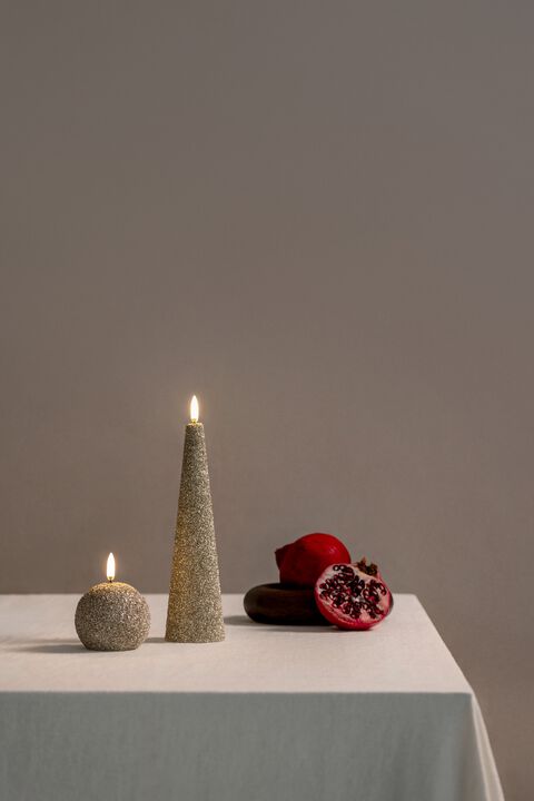 LED cone candle, Champagne Glitter, 5,8x21,5 cm