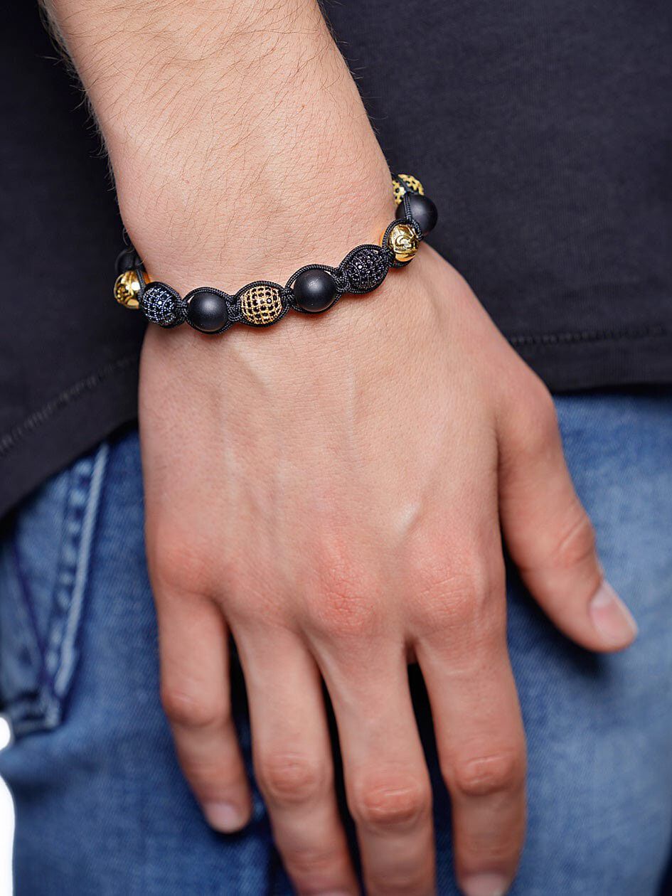 Men's Beaded Bracelet with Matte Onyx and Black/Gold CZ Diamonds
